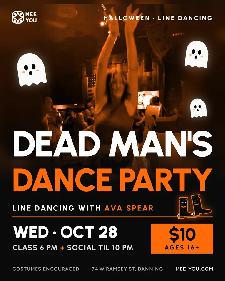 Dead Man's Dance Party, baile en línea de Halloween con Ava Spear. Miércoles 28 de octubre, clase a las 6 pm y social hasta las 10 pm. $10, mayores de 16. Disfraces bienvenidos. 74 W Ramsey St, Banning.